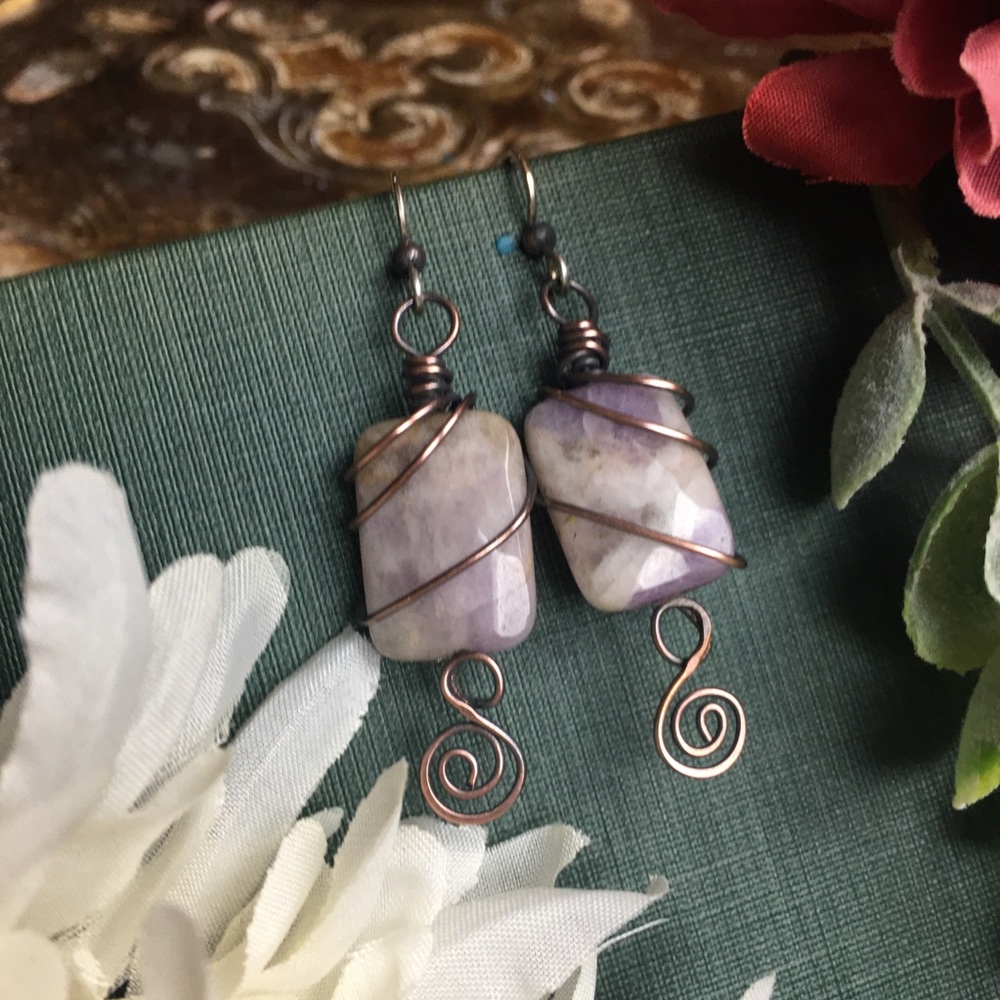 Amethyst bead copper wire wrap earrings 925 silver - Picture 3 of 5